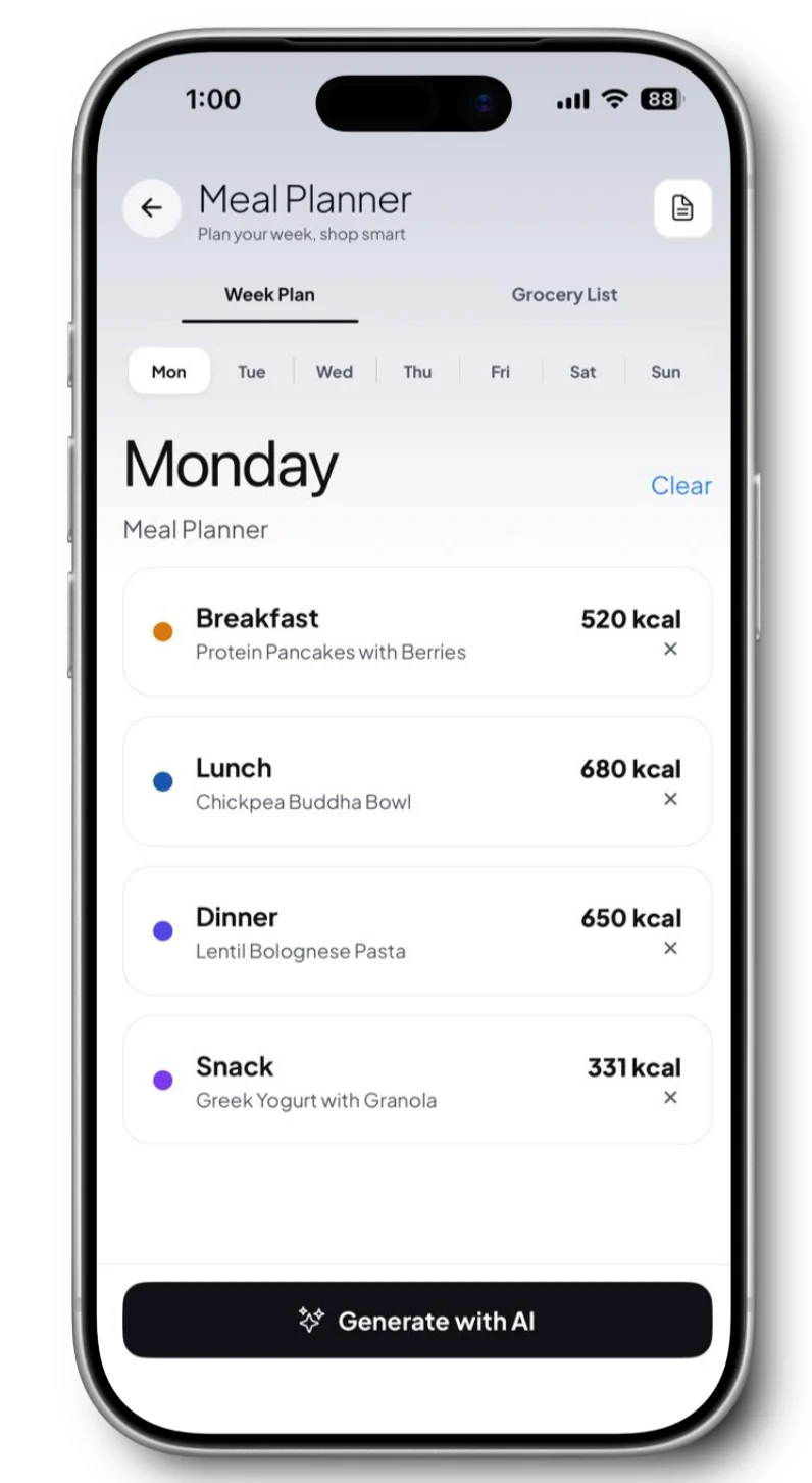 Kubuca Meal Planner — Monday's plan with breakfast, lunch, dinner and a snack